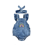 Denim Rainbow Ruffles Romper with Headband.